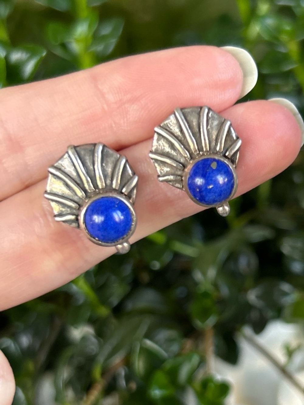 Vintage Sterling Silver Fan Lapis Lazuli Stud Earrings